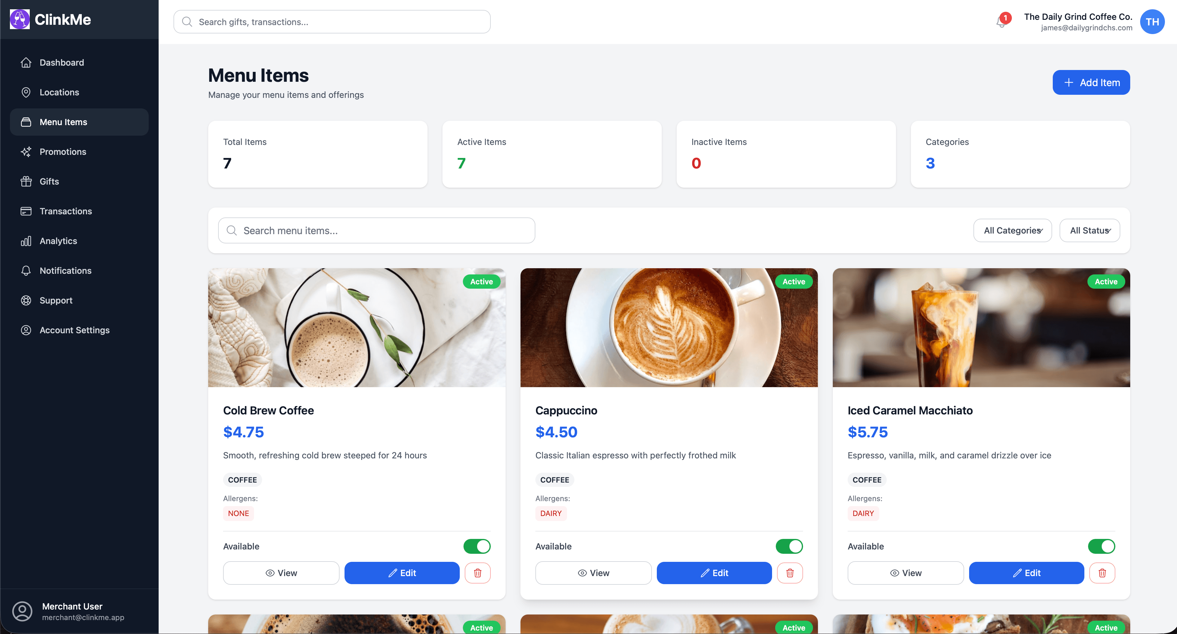 Menu management interface showing food and drink items