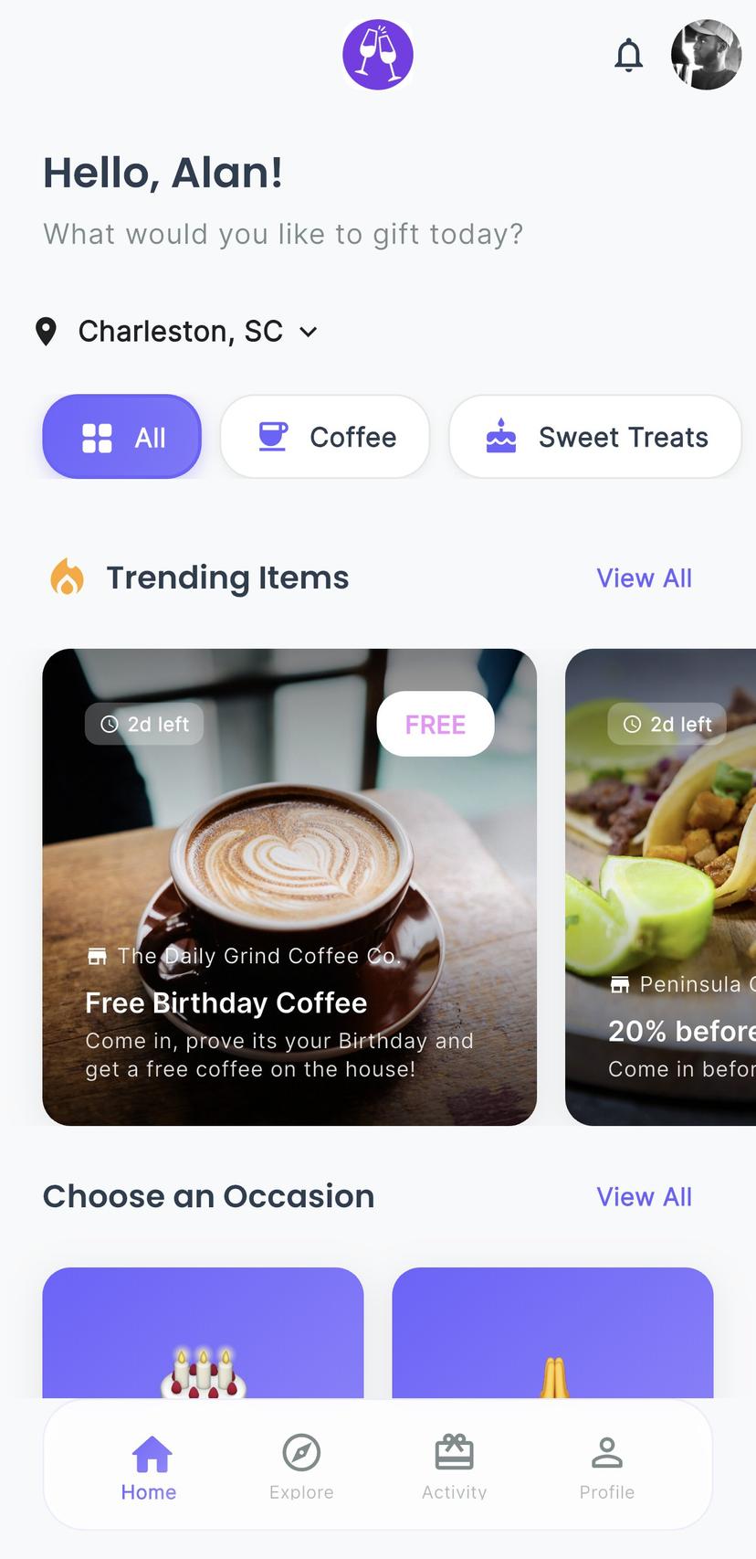 Choose a venue screen showing local restaurants and cafes